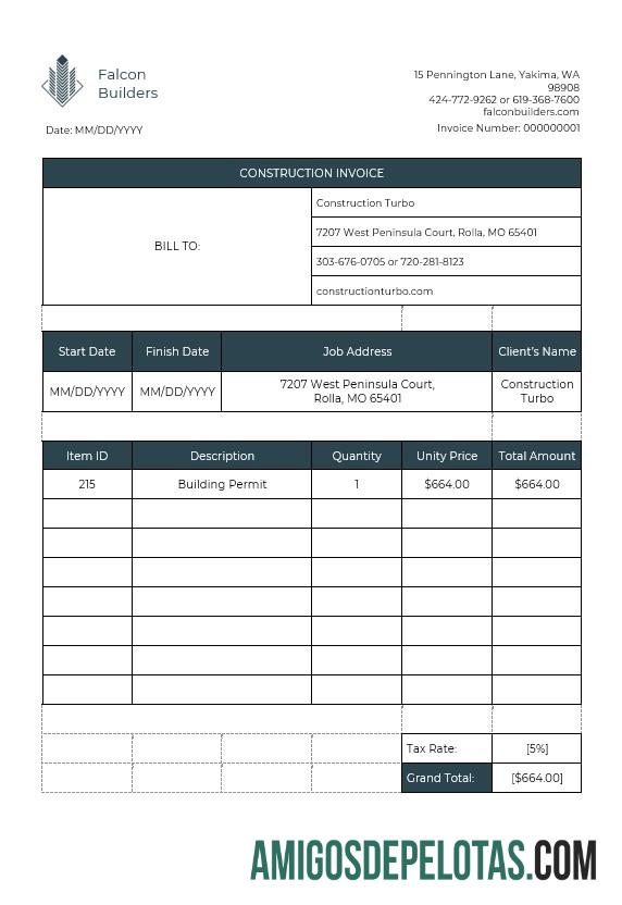imprimível Modelo de fatura de trabalho de construção